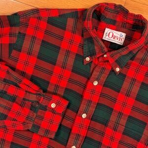 Vintage Orvis Mens Medium Red Green Plaid Button Down Flannel Shirt Long Sleeve